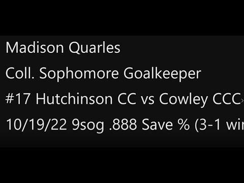 Video of 10/19/22 #17 Hutchinson CC vs. Cowley college CC  WSOC - 8 saves, .888 Save %  Win 3-1