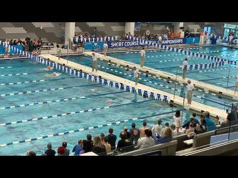 Video of YMCA SC Nationals 200 breast (Red cap closest to camera, multicolored suit)