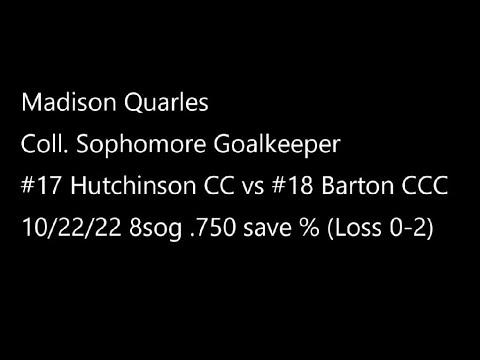 Video of 10/22/22 #17 Hutchinson CC vs #18 Barton CCC WSOC - 8sog .750 save % (Loss 0-2)