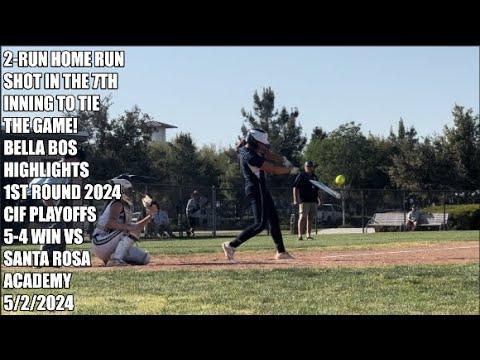 Video of 2-RUN, 7TH INNING HOME RUN TIES THE GAME!  5-4 WIN!  BELLA BOS SOFTBALL CCHS, 1st Rnd CIF, 5/2/24