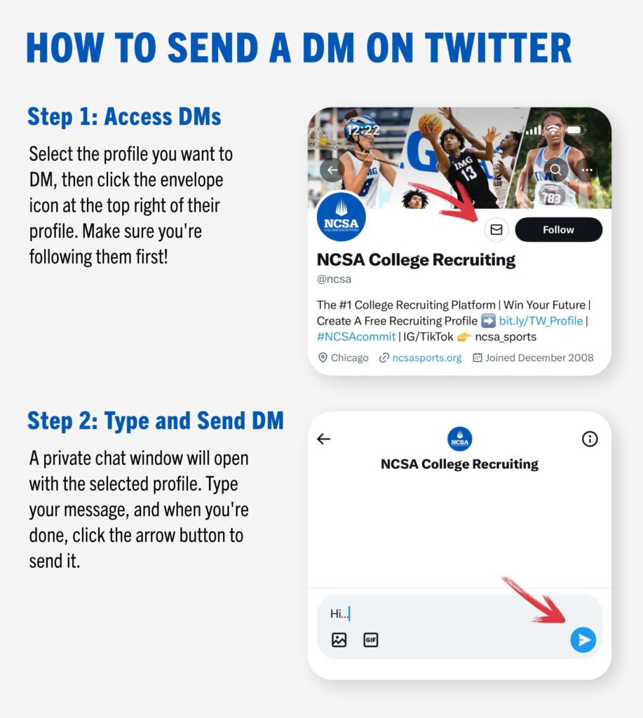 Step-by-step guide on how to send a DM on Twitter to college coach.